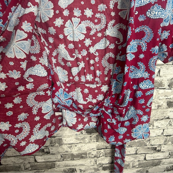 EUC LOFT Burgundy and Blue Floral Wrap Blouse Size Small - Picture 10 of 16